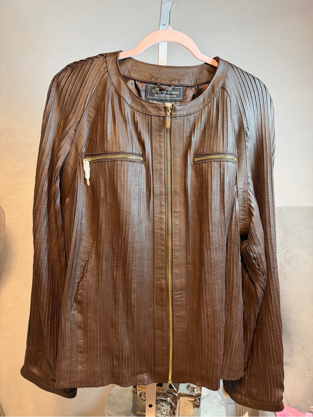 Terry Lewis Classic Luxuries Brown Perforated Leather Zip Jacket